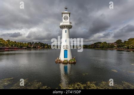 Scott Memorial Clock Tower, or lighthouse, in Roath Park, Cardiff, Wales Stock Photo