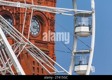 Close-up detail of the Pierhead Building and the Cardiff Eye, Cardiff Bay, Wales Stock Photo