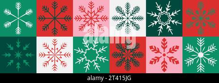 Christmas checkered pattern with snowflakes. Geometric elements, minimal holiday icons. Vector background Stock Vector