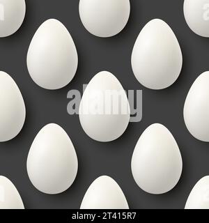 Vector Seamless Pattern with 3d Realistic White Chicken Eggs Closeup Isolated on Black Background. Vector Whole Chicken Eggs. Egg in Front, Top View Stock Vector