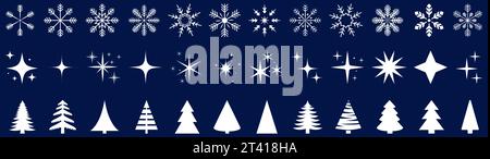 Set of Christmas elements. Xmas trees, snowflakes and stars. Can use for background, posters, banners, flyers and etc. Stock Vector