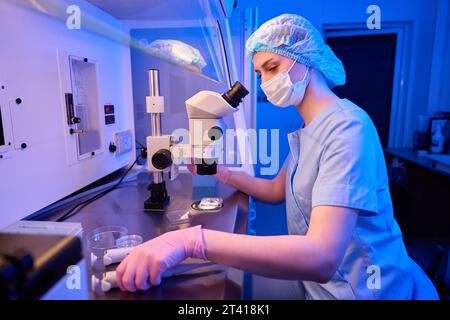 Focused laboratory scientist is preparing for cell manipulation procedure Stock Photo