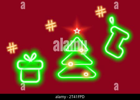 3 Neon glowing Christmas icons with hashtag sign. design Concept for search, greetings or invitation. EPS. Vector for poster, banner, brochure, billboards, price, label or web and other different uses Stock Vector