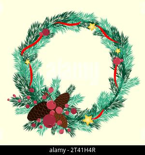 Christmas wreath of fir branches with red ribbon around, red rowan berries and fir cones on background. Vector Stock Vector