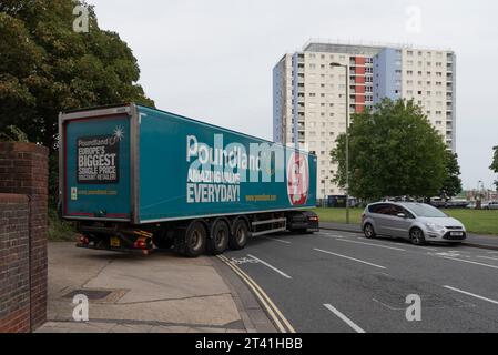 Gosport, Hampshire, England UK. 08.09.2023.  Articulated delivery truck making a difficult turn across a cycleway and a road in Gosport UK Stock Photo