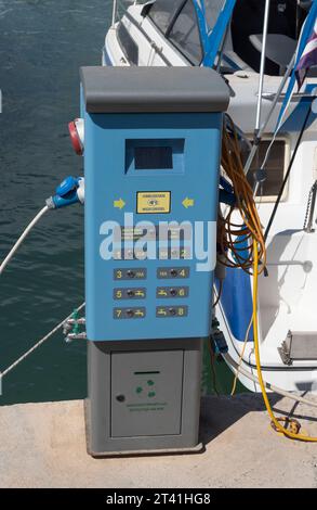Heraklion, Crete, Greece. 26.09.2023.  Boating marina water and electricity control point  alongside boat on the berth . Stock Photo