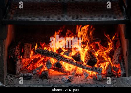 Wood fire grill at the Minam River Lodge, Oregon. Stock Photo