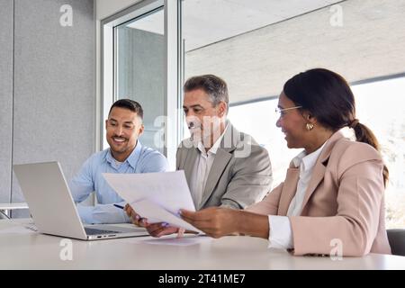 Financial bank advisors consulting business investor using laptop at meeting. Stock Photo