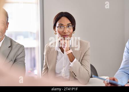 African American business woman thinking feeling doubt during interview meeting. Stock Photo