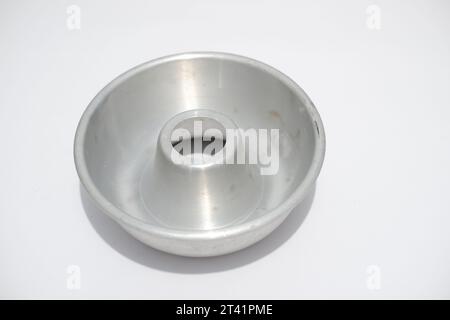 aluminum pan for making delicious sponge cake on white background Stock Photo