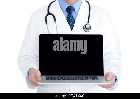 Doctor holding laptop Stock Photo