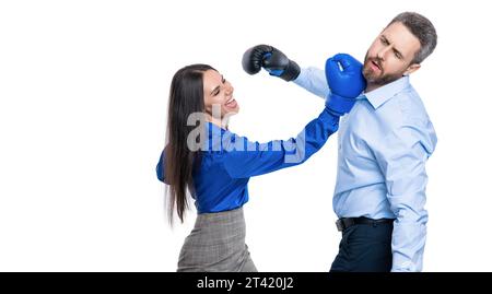 businesspeople fight against each other. business fight. business partners fighting in boxing gloves isolated on white. anger management. business Stock Photo