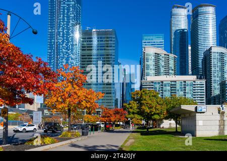 Toronto skyline at Bremner Blvd street and Lower Simcoe St, near Ripley's Aquarium of Canada looking East in Toronto, Canada Stock Photo