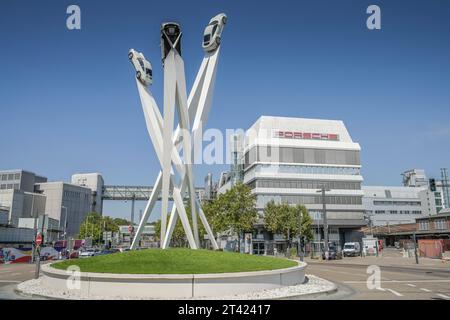 Plant building 2, Porsche main plant, Schwieberdinger Strasse, artwork 'Inspiration 911 am Porscheplatz, Zuffenhausen, Stuttgart Stock Photo