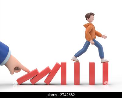 Hand pushes dominoes, 3D illustration of male guy Qadir runs away from falling effect. Human running forward.Failed business.Business crisis concept.3 Stock Photo