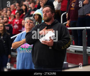 Columbus, Ohio, USA. 27th Oct, 2023. Ohio State Women's Hockey fans during the Star Spangled Banner, before their team plays the Minnesota Golden Gophers in their game in Columbus, Ohio. Brent Clark/Cal Sport Media/Alamy Live News Stock Photo