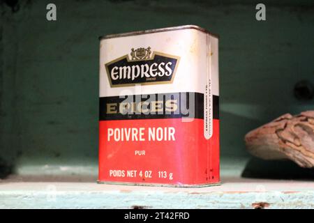 A white ceramic jar filled with aromatic spices sits on a wooden ledge next to a small bird perched on a branch Stock Photo