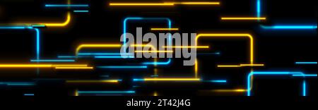Blue orange glowing neon laser lines and squares abstract background. Vector technology futuristic banner design Stock Vector