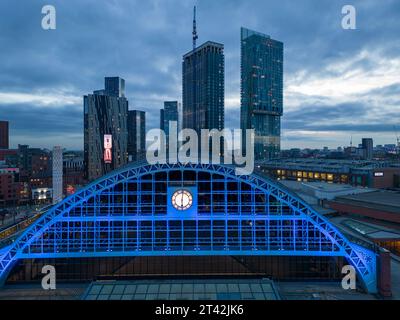 Aerial, The Manchester Central Convention Centre also known as the G-MEX, Manchester city centre at night, England Stock Photo