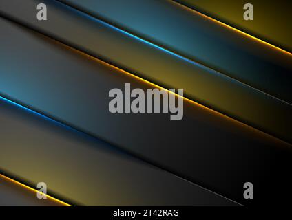 Abstract black background with orange blue neon glowing stripes. Vector technology design Stock Vector