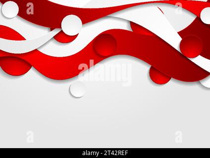Contrast red and white curved liquid waves pattern. Abstract corporate wavy background with circles. Vector design Stock Vector