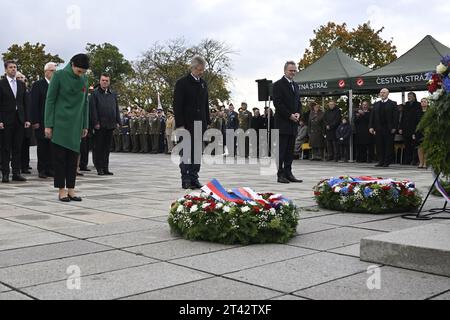 Prague, Czech Republic. 28th Oct, 2023. L-R Chairwoman of the Chamber of Deputies Marketa Pekarova Adamova, Chairman of the Senate Milos Vystrcil and Prime Minister Petr Fiala laying flower wreaths during the commemorative meeting marking Day of Establishment of Independent Czechoslovak state took place at the Vitkov National Memorial, Prague, Czech Republic, on October 28, 2023. Credit: Katerina Sulova/CTK Photo/Alamy Live News Stock Photo
