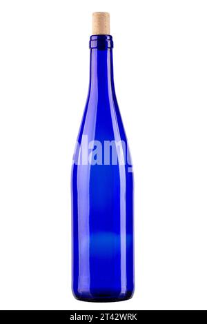 Empty blue wine bottle with cork. Vertically standing wine bottle. File contains clipping path. Full depth of field. Stock Photo