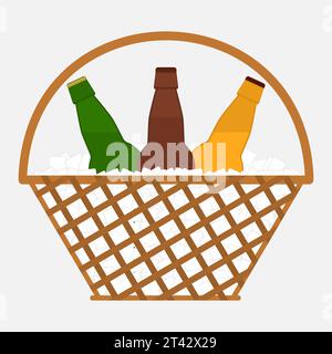 Bottles of beer in a wicker basket with ice cubes on white background. Vector illustration in flat style. Stock Vector