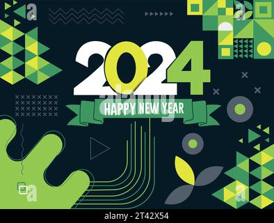 appy New Year 2024 banner with text calligraphy background and geometric abstract retro modern colorfull design . Stock Vector