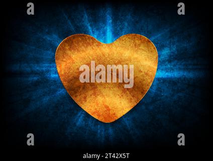 Grunge St Valentines Day abstract background with golden heart and glowing rays. Vector greeting card design Stock Vector
