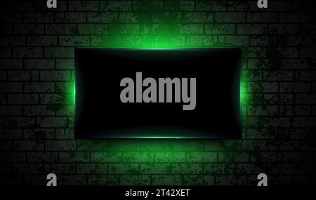 Green neon luminous frame on dark grunge brick wall abstract background. Vector futuristic design Stock Vector