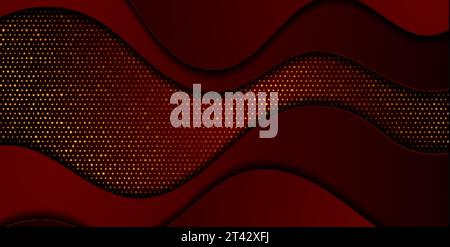 Dark red abstract wavy background with golden shiny dots. Vector illustration Stock Vector