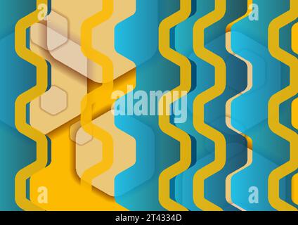 Retro geometric abstract orange and blue background with hexagons. Vector futuristic illustration Stock Vector