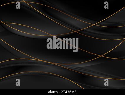 Black glossy smooth waves with curved golden lines abstract background. Vector design Stock Vector