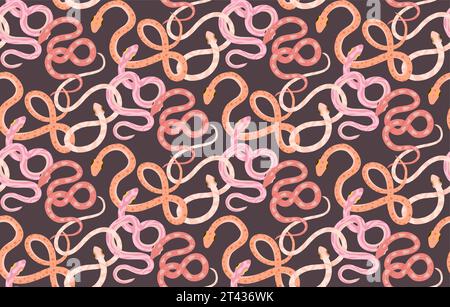 Gentle seamless pattern with pink and yellow snakes. Vector texture with cartoon serpents in pastel colors on gray background. Surface design Stock Vector