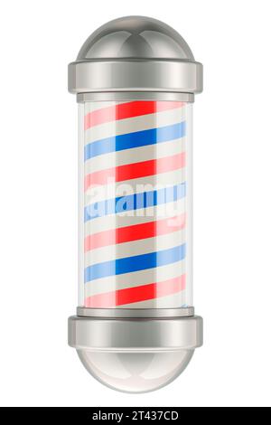 Barber Pole, Red transparent Blue Rotating Light Stripe Sign for Hair Salon, 3D rendering isolated on white background Stock Photo