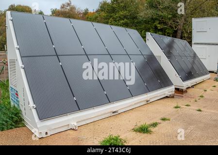 A Garic Microgrid portable energy system, Solar Power Frame, Solar Energy Battery, and Solar Energy Store Stock Photo