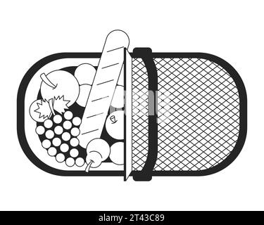 Top view picnic basket fruits baguette black and white 2D line cartoon object Stock Vector