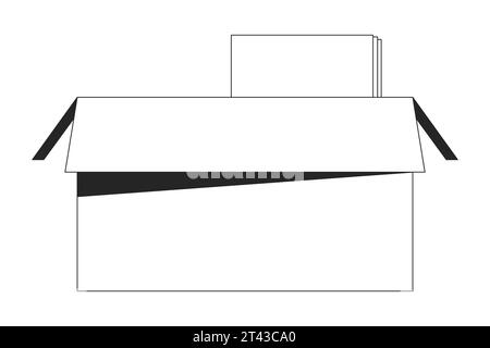 Open cardboard box with documents black and white 2D line cartoon object Stock Vector