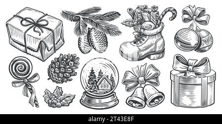 Set of hand drawn retro objects for Christmas holiday decoration. Happy holidays sketch vector illustration Stock Vector