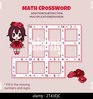 Math Crossword puzzle for kids. Addition, subtraction, multiplication and division Stock Vector