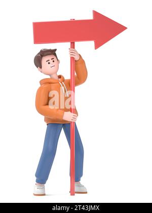 3D illustration of thinking male guy Qadir leaning towards empty directional arrow signpost or sign.3D rendering on white background. Stock Photo