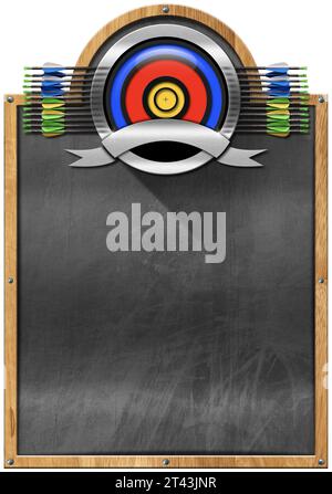 Template for archery sport isolated on white background and copy space, empty blackboard with wooden frame and archery symbol with arrows and target. Stock Photo