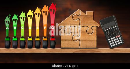 House Energy Efficiency Rating. Symbol with seven tape measures in the shape of house, wooden model house made of puzzle pieces and a calculator. On a Stock Photo