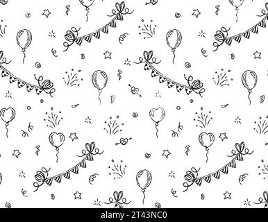 Hand drawn background for birthday and parties with balloons, fireworks, confetti and garlands with flags. Pattern on a transparent background, line Stock Vector