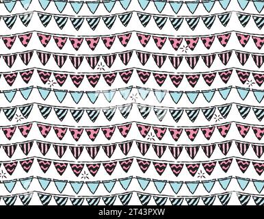 Party Flags pattern with doodles for holiday decoration. Line on a transparent background in color. Hand drawn sketch. Hand drawn vector illustration. Stock Vector