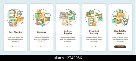 Walkthrough moving service with colorful icons concept Stock Vector