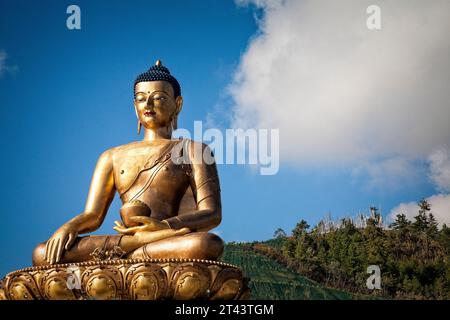 The Great Buddha Dordenma is a gigantic (51.5 meters) Shakyamuni Buddha statue in the mountains of Bhutan overlooking the south approach to Thimphu. Stock Photo