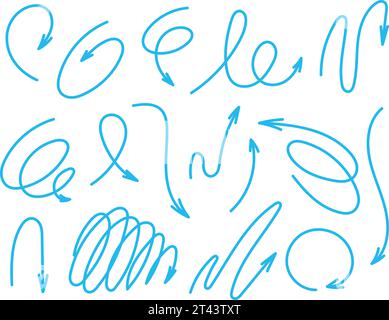 Set of vector arrows doodle illustration, line dynamics, ziggs. Blue arrows. Vector Stock Vector
