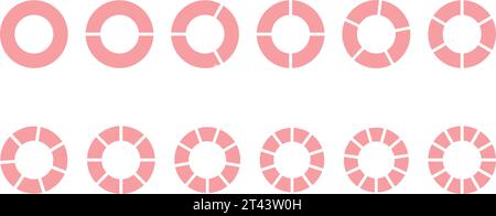 Fractions of mathematics, fractions vector round. Pink round parts. A set of small segments. Simple geometry. Vector illustration on transparent backg Stock Vector